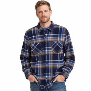 Lands End Rugged Work Shirt Mens Sz 2XL Tradtional Fit Hefty Blue Plaid Pockets